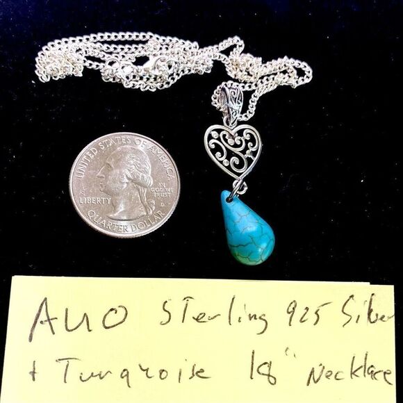 AUO Sterling 925 Silver Heart  & Turquoise Necklace - Picture 8 of 11